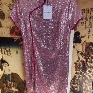 NEW size uk12 Glamorous Pink Sequin Mini Dress with red piping detail